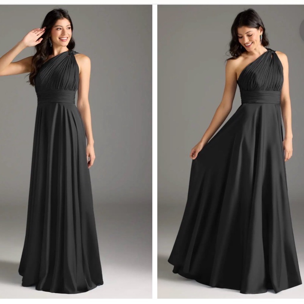 Azazie | A-Line Black One-Shoulder Stretch Satin Bridesmaid Dress size 2A